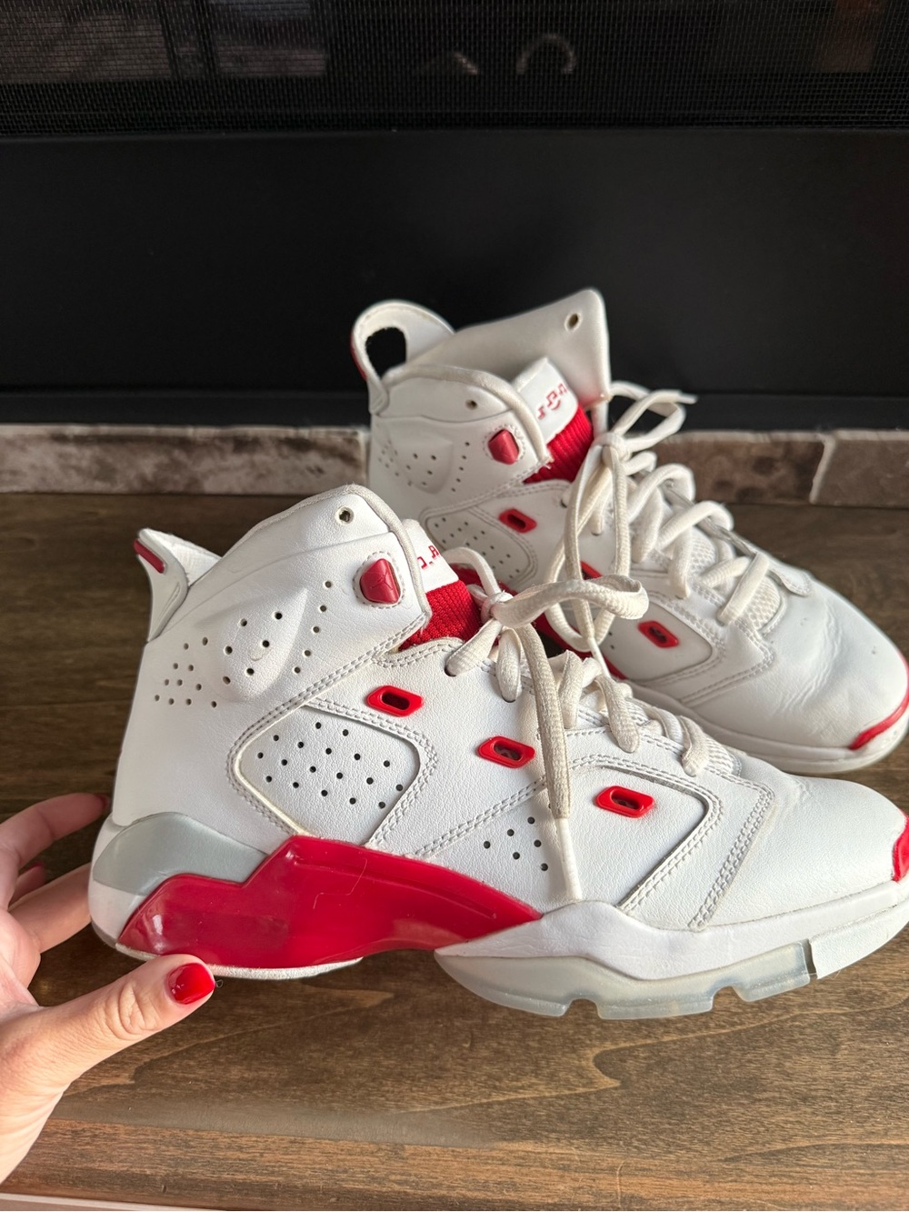 Nike Air Jordan 6-17-23 White/Red Mid Top Leather Basketball Sneaker 7Y